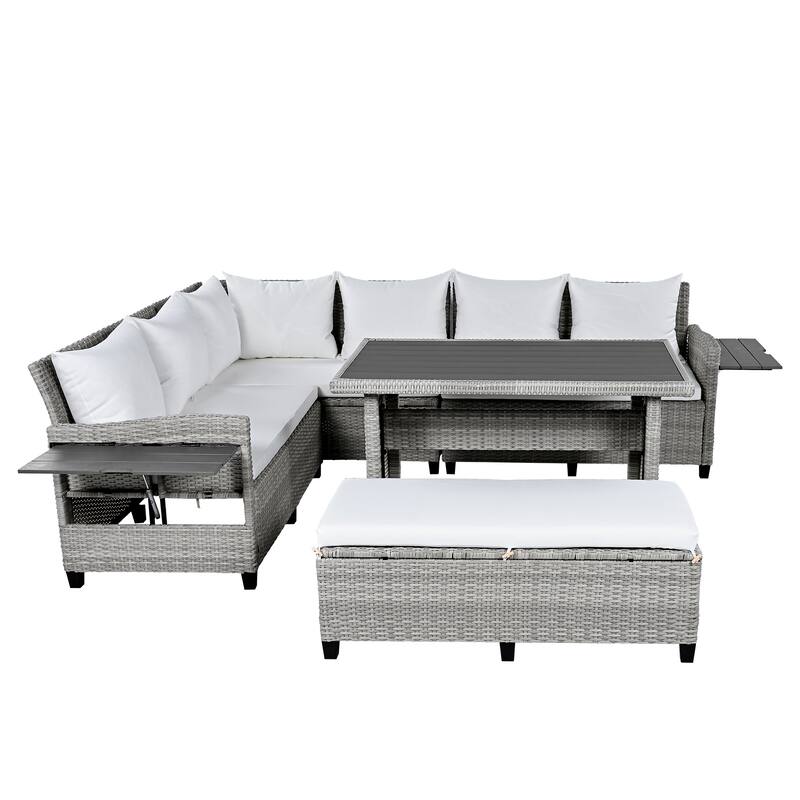 Wicker L-Shape Sectional Sofa w2 Fold Side Tables, Dining Table, Bench