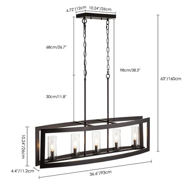 dimension image slide 1 of 3, 5-Light Mid-Century Modern Industrial Linear Kitchen Island Pendant Vintage Rectangle Glass Chandelier