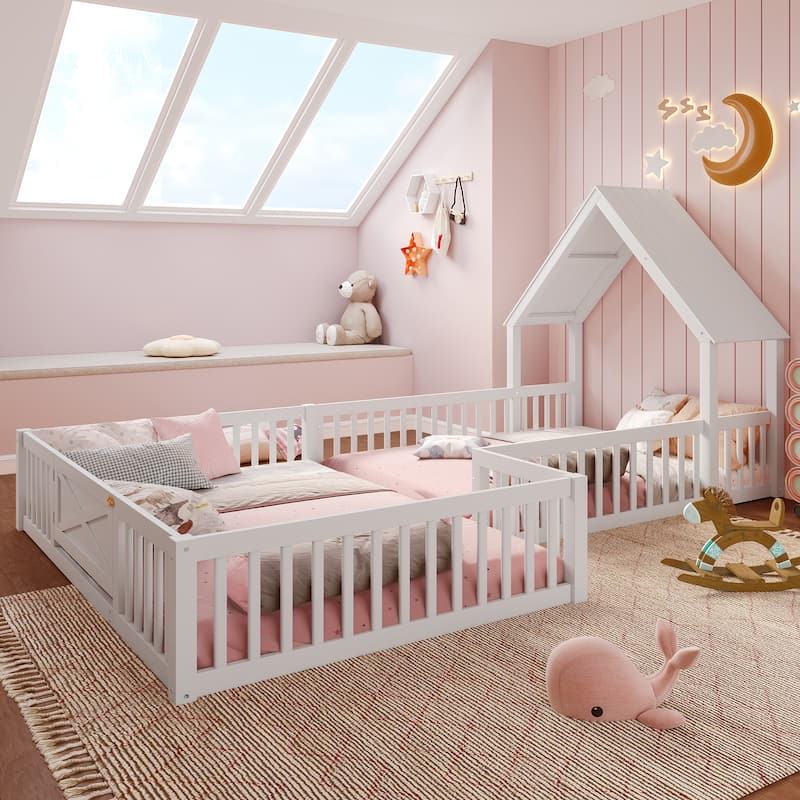 Montessori Floor Bed for Toddler Kids, L Shape House Bed with Door and Guardrails, Double Bed Frame Design for Sleeping and Play