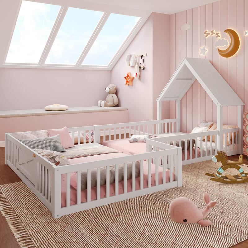 Roomfitters Double House Floor Bed with Door, Solid Wood Frame with Fence Guardrails for Playroom