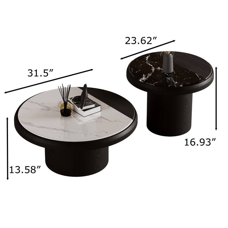 31.5" Modern Round Coffee Table,Set of 2, Black Solid Wood Texture, Faux Marble Table top