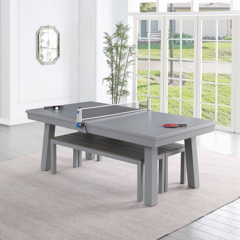 Laguna Indoor/Outdoor 7ft Slate Pool Table Dining Set with 2 Benches & Accessories, Cement Finish