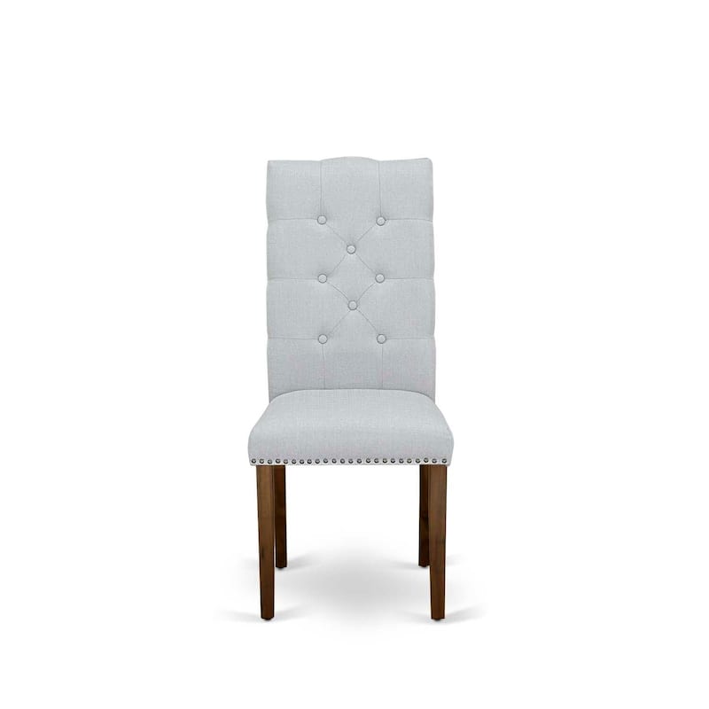Parson Dining Chair Set of 2 - Grey Fabric, Antique Walnut Legs, Button Tufted Kitchen Chair