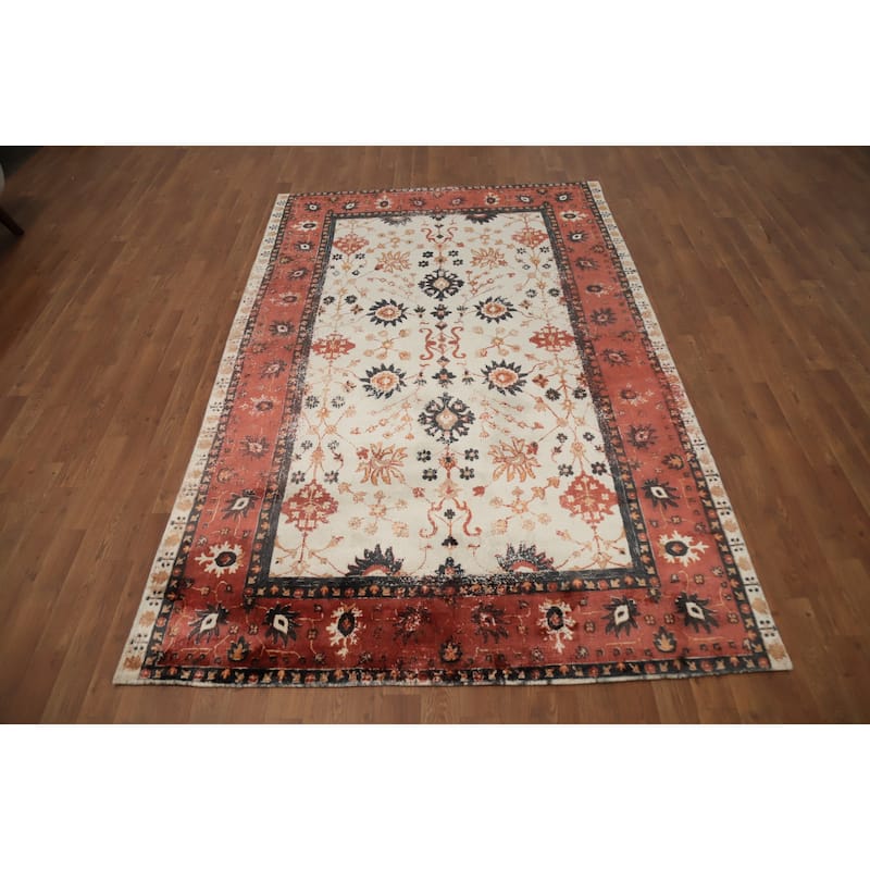 Hand Knotted Oriental Viscose Silk Carpet Transitional All-Over Beige & Ivories Oushak Area Rug - 7' 8'' X 5' 0''