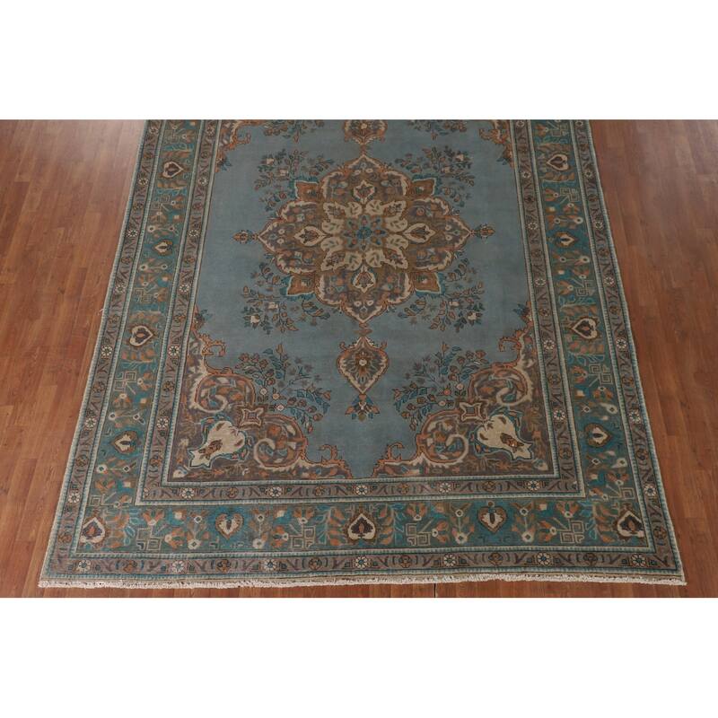 Blue Over Dyed Tabriz Persian Vintage Rug Handmade Wool Carpet - 8'2"x 11'4"