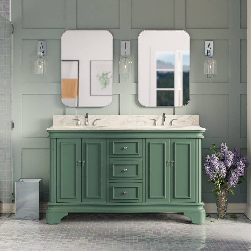 KitchenBathCollection Katherine 60" Double Bathroom Vanity with Carrara Marble Top - Sage Green