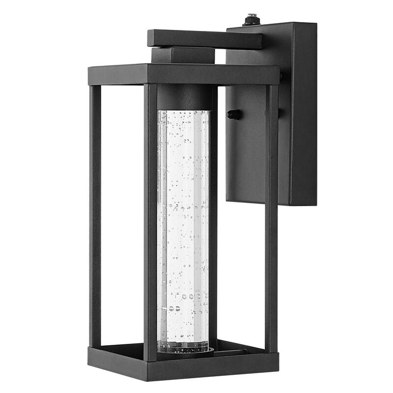 Justina 4.75" 1-Light Industrial Iron/Seeded Glass with Dusk-to-Dawn Sensor Integrated LED Outdoor Sconce, Black by JONATHAN Y