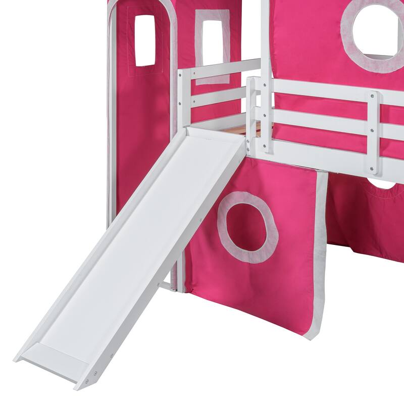 Twin/Full Size Wooden Playhouse Loft Bed with Tent and Tower, Solid Pinewood Low Loftbed Frame with Slide and Ladder