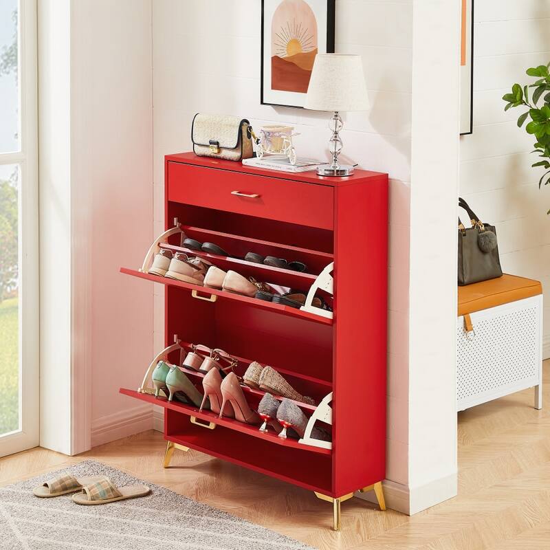 Shoe Storage Cabinet for Entryway, Free Standing Shoe Organizer with 2 Flip Drawers, Hidden Shoe Rack Storage Organizer