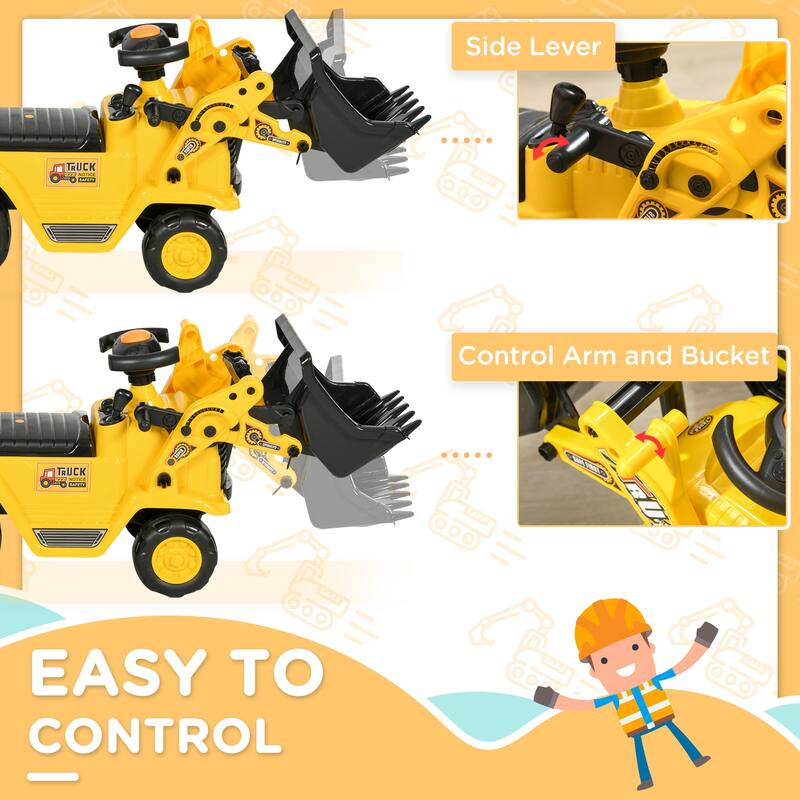 Pull Cart Kids Bulldozer,Sit and Scoot Construction Toy with Horn, Front Loader Shovel, for Sand and Snow, Ages 3 Years Old