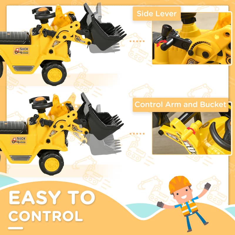 Ride On Excavator with Under Seat Storage, Pull Cart Kids Bulldozer for Boys & Girls, Sit and Scoot Construction Toy with Horn
