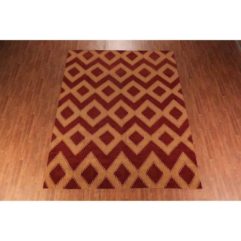 Hand Knotted Oriental 100% Wool Carpet Modern Geometric Red Moroccan Area Rug - 11' 7'' X 8' 10''