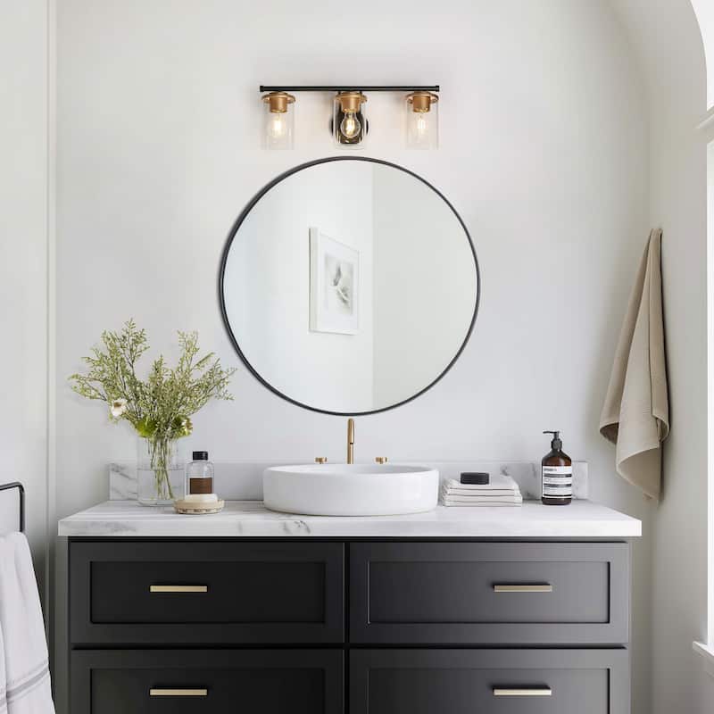 Modern Black Gold 3-Light Bathroom Vanity Lights Glass Metal Wall Sconces - W 21.6" x L 7.8" x H 6.7"