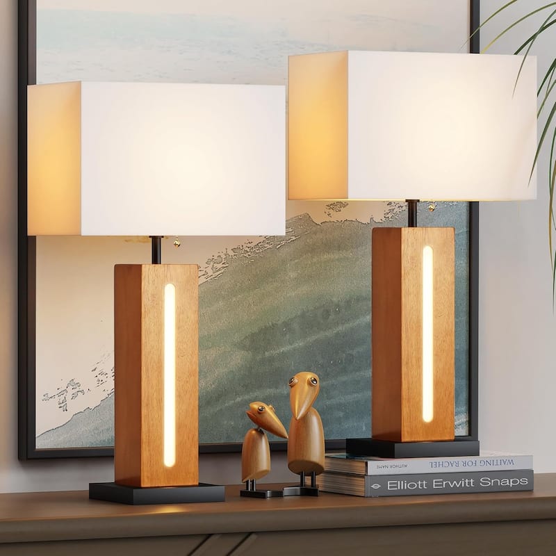 Table Lamps Set Of 2, Modern Dimmable Bedside Lamp With LED Nightlight, Square Wood Grain Nightstand Lamps With Linen Shades