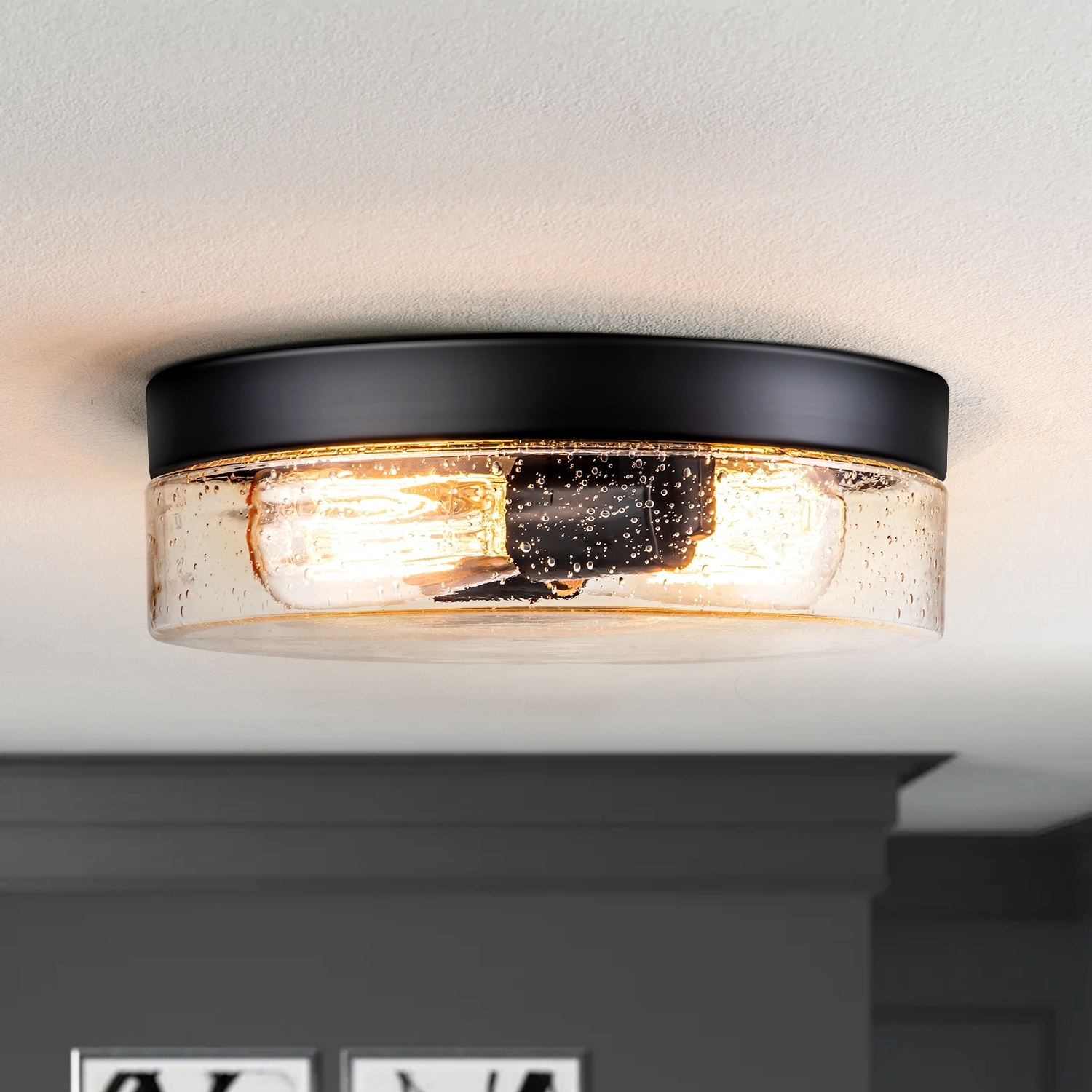 2-Light Farmhosue Dome Clear Seeded Glass Round Flush Mount Light for Foyer/Hallway