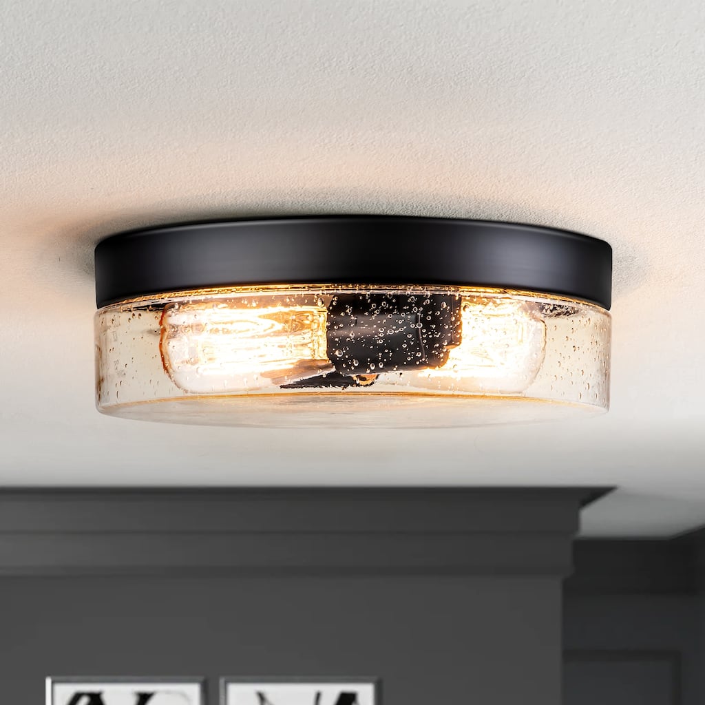 2-Light Farmhosue Dome Clear Seeded Glass Round Flush Mount Light for Foyer/Hallway
