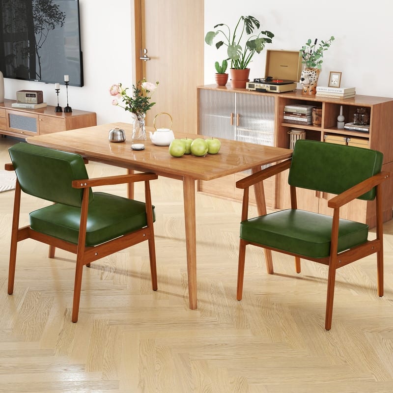 Walnut Faux Leather Upholstered Dining Chair Padded Armchair Solid Wood Open Back