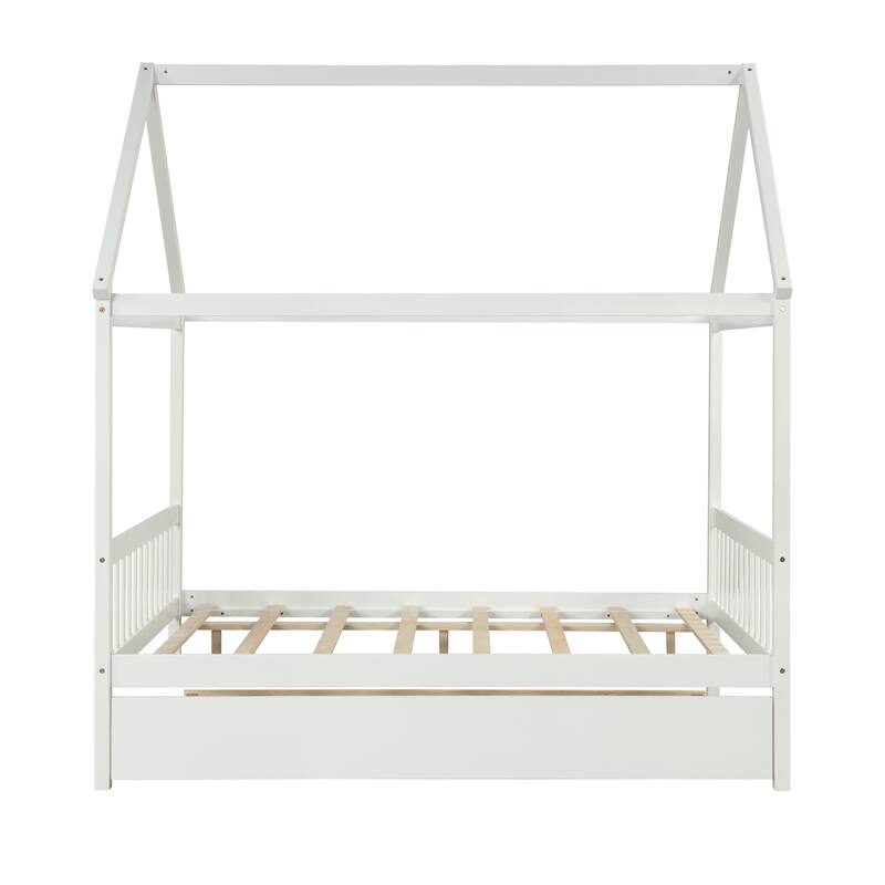 Full Size Wood House Bed with Trundle, Roof, and Fence