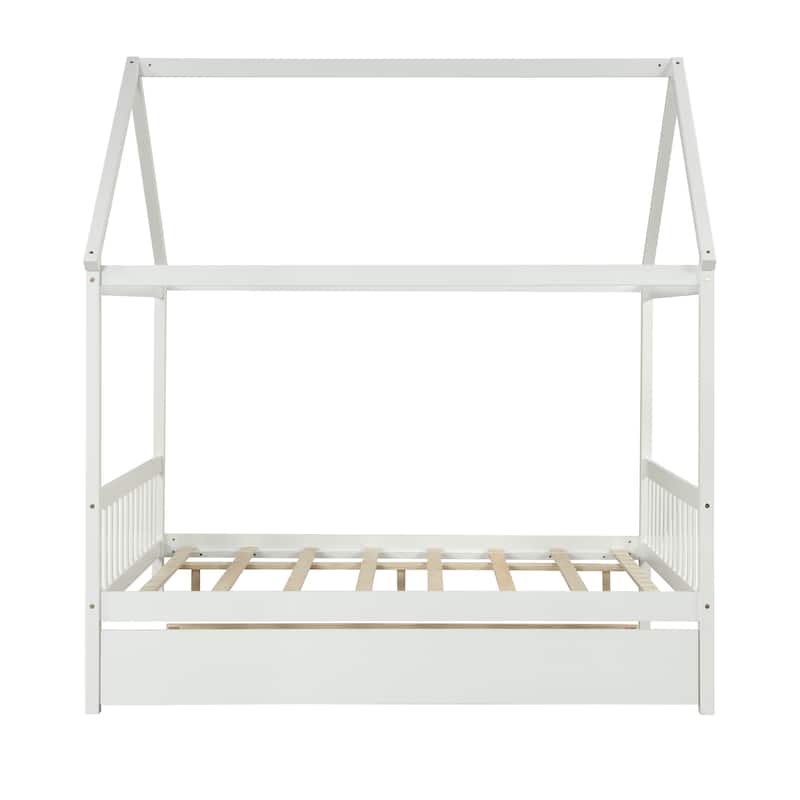 Full Wood House Bed with Trundle & Roof