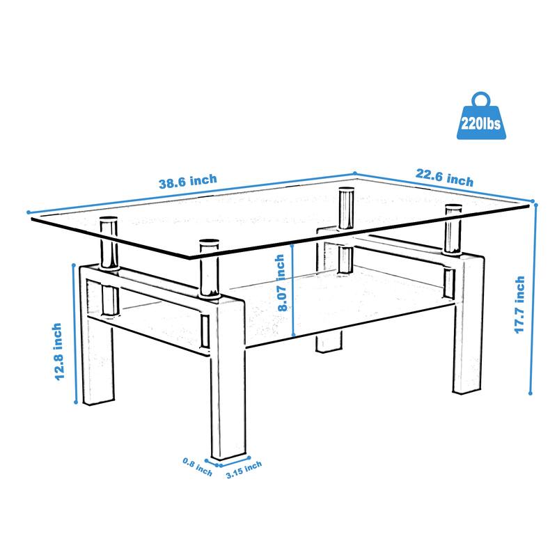 Rectangle Glass Coffee Table, Clear Coffee Table, Modern Side Center Tables for Living Room, Living Room Furniture