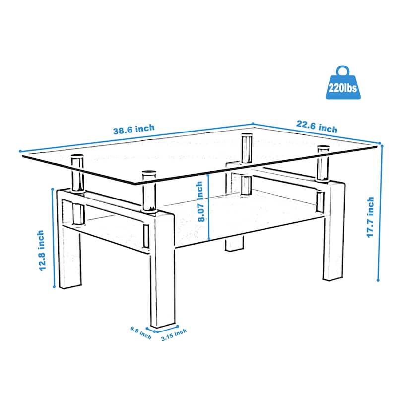 Rectangle Glass Coffee Table with Storage Shelf, Modern Clear Glass Coffee Table with Metal Frame