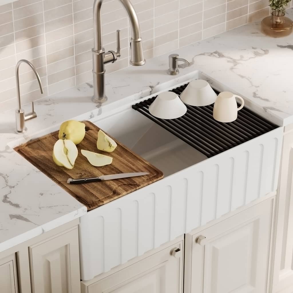 Karran 33" Single Bowl Workstation Fireclay Kitchen Sink with Reversible Fluted Apron Front