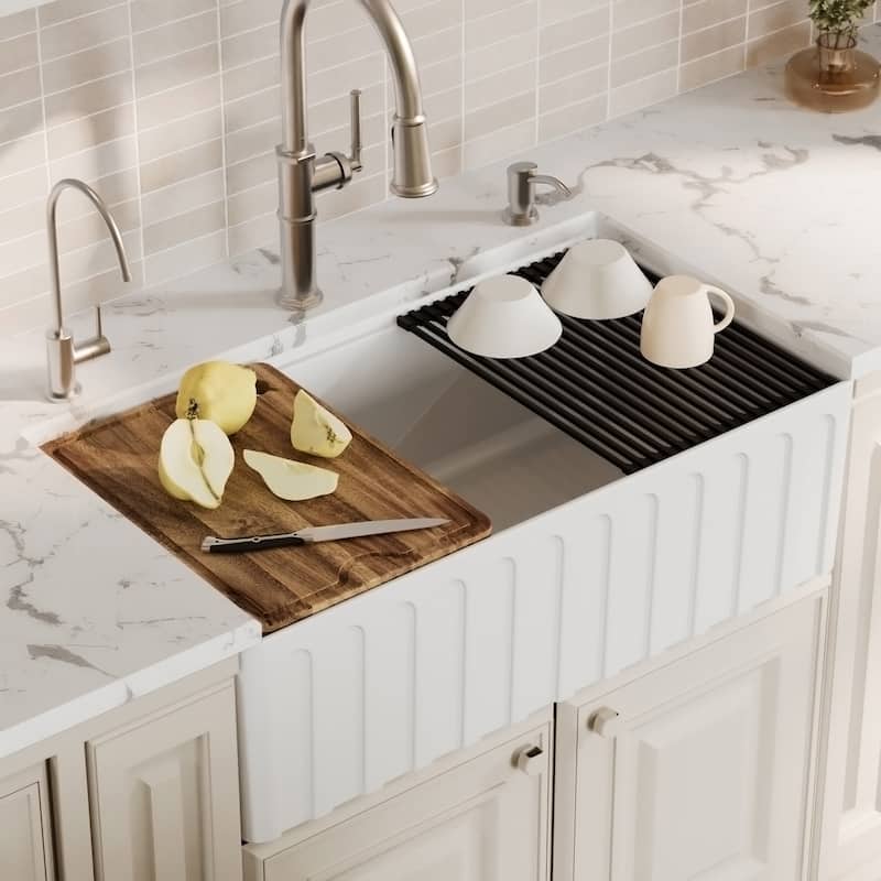 Karran 33" Single Bowl Workstation Fireclay Kitchen Sink with Reversible Fluted Apron Front