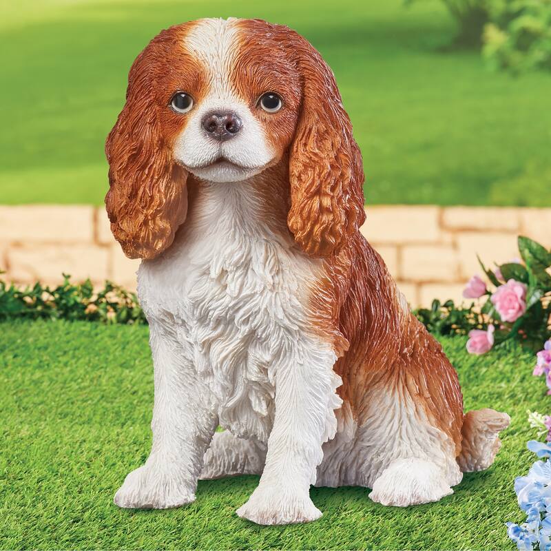 Hand-Painted Realistic King Charles Puppy Statue - 7 x 7 x 4.75 - White - 7 x 7 x 4.75 - Resin