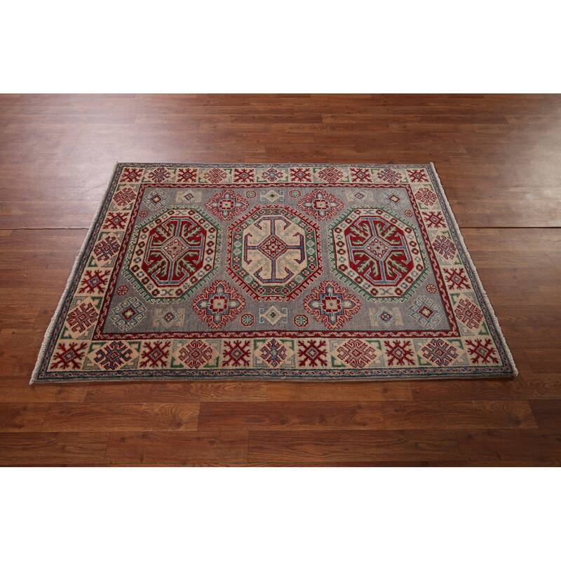 Gray Geometric Kazak Foyer Rug Hand-Knotted Wool Carpet - 3'5" x 4'11"