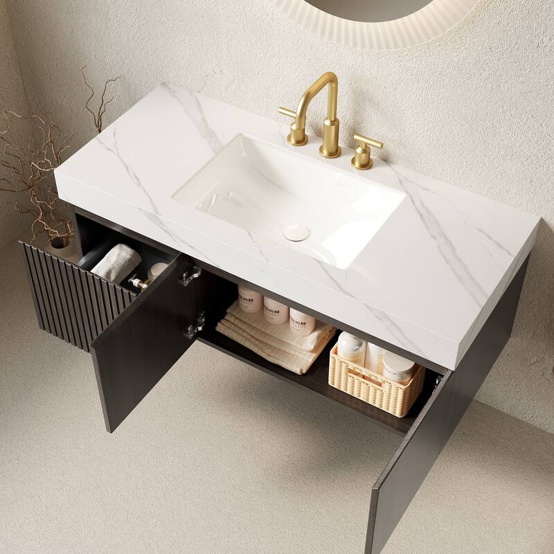 Floating Bathroom Vanity with Sintered Stone Top & Undermount Ceramic Basin with Three Pre-drilled Faucet Holes