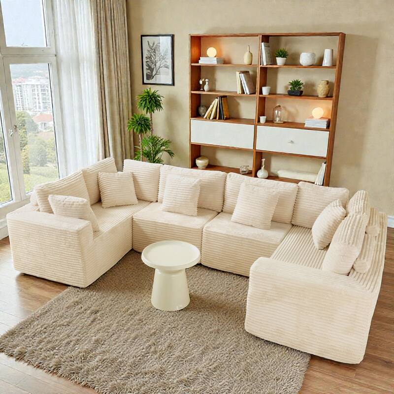 135.5 Inch U Shaped Modular Sectional Sofa, 6 Seat Corduroy Chaise Couch with Reversible Layout