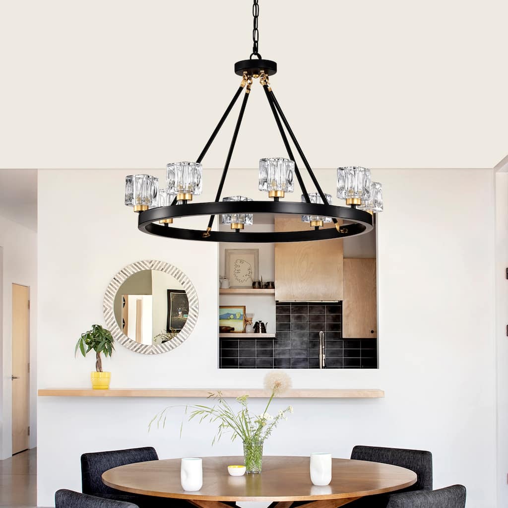 Farmhouse Modern Small Crystal Round Ceiling Light Wagon Wheel Chandelier, for Living Room, Kitchen Island, Dining Room