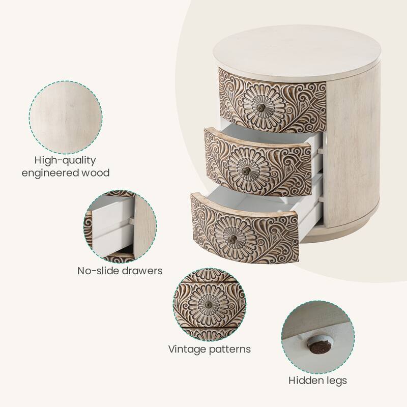 SUNBURY Round 3-Drawers Nightstand Accent Storage Cabinet