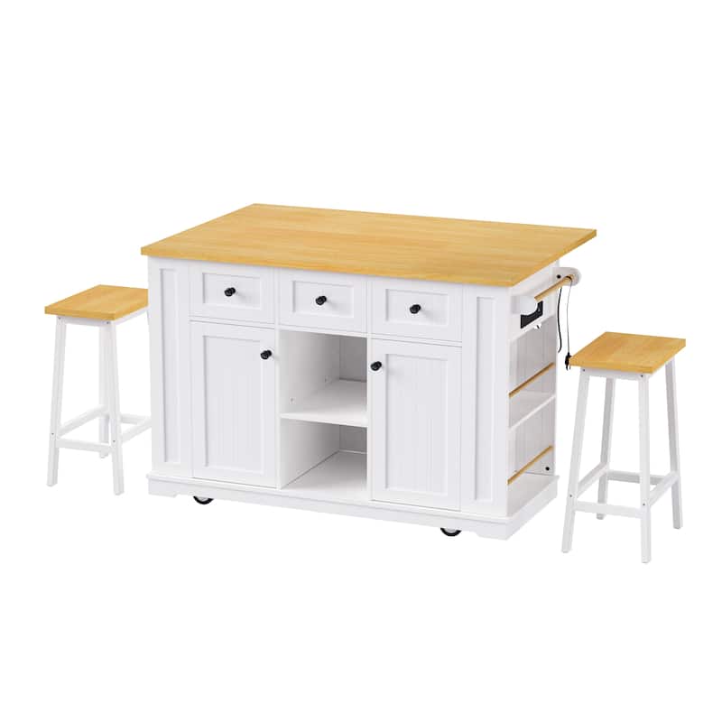 Roomfitters Kitchen Island Cart with 2 Bar Stools and Power Outlet