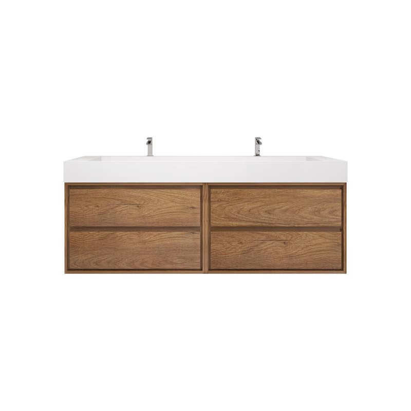 Victoria 60" Wall Mounted Vanity with Double Acrylic Sink (60DD) - TeakOak - 59.5''