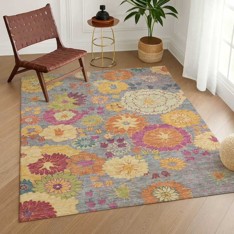 Machine Washable Indoor/ Outdoor Modern Floral Chantille Rug