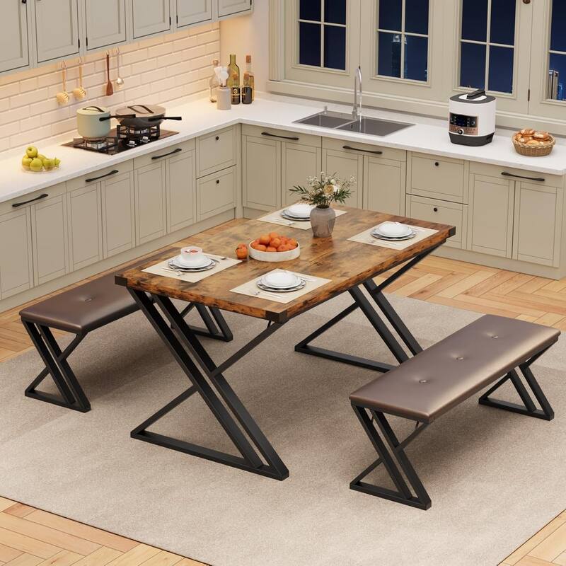 3-Piece Dining Table Set with 2 Benches, Space-Saving Design for Kitchen or Apartment