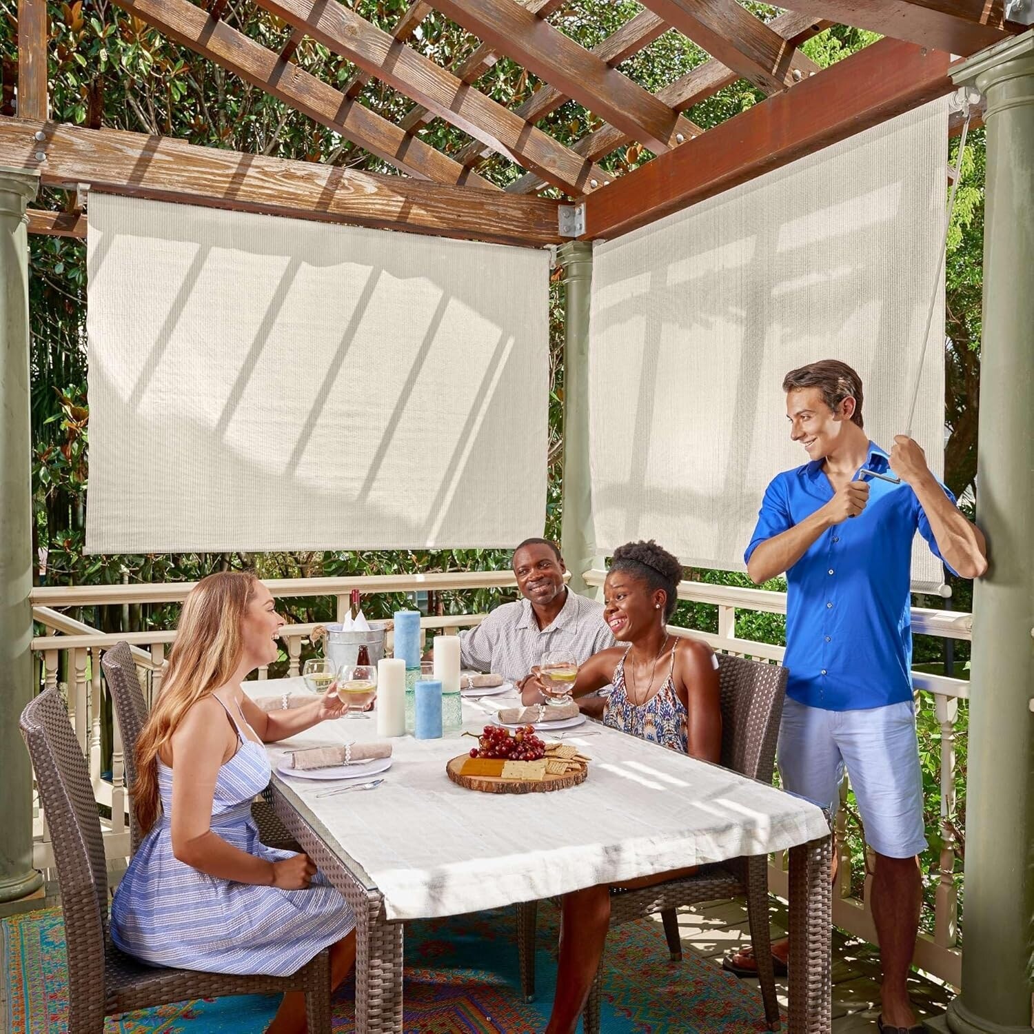 Outdoor Roller Shade with Wand - 95% UV Block, Light Filtering, Fade-Resistant, Easy-Clean Fabric, 6ft x 8ft, Pebble