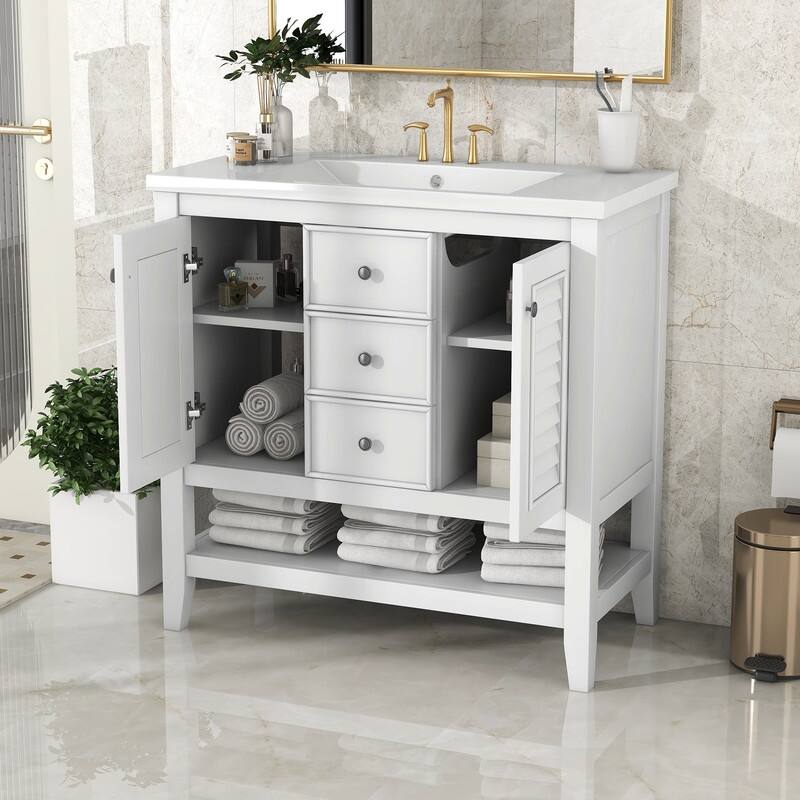 36" Bathroom Vanity with/without Sink, Bathroom Vanity Cabinet with 2 Cabinets and Drawers, Open Shelf, Solid Wood Frame