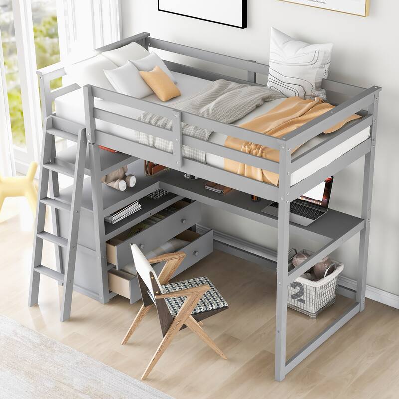 Twin/Full Size Wooden Loft Bed with Desk, Solid Wood High Loftbed Frame with 2 Built-in Storage Drawers and Shelves for Bedroom - Gray - Twin