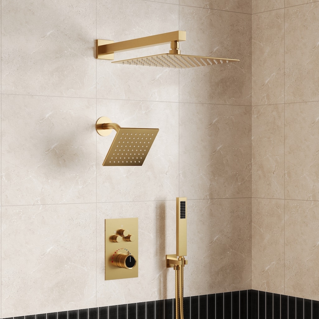 GRANDJOY 3-Function Thermostatic Shower System 12'' Rainfall Shower Head with Anti-Scald Valve