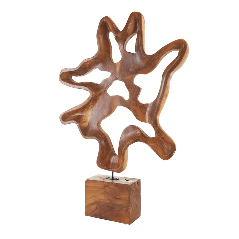 Brown Teak Wood Cutout Abstract Decorative Sculpture with Block Base