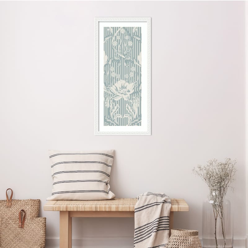 Floral Heritage Morris monochrome stripes chalky blue pattern by Annick Wood Framed Wall Art Print