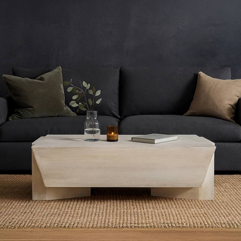 Joanie Coffee Table 45" Rectangular Biscotti White Handcrafted Mango Wood Solid Asymmetric Base