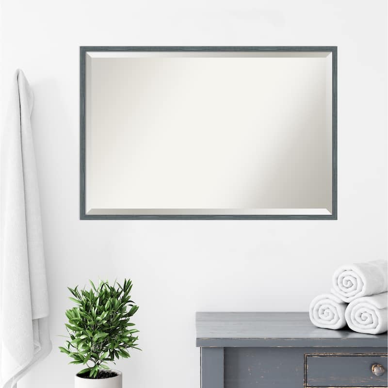 Beveled Wood Bathroom Wall Mirror - Dixie Blue Grey Rustic Narrow Frame
