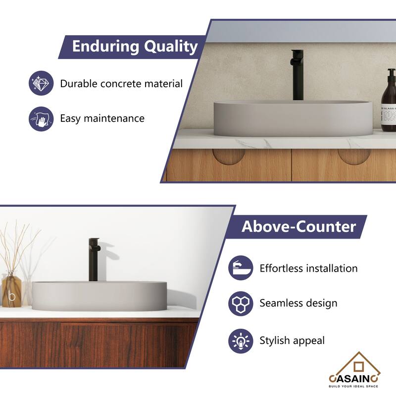 CASAINC Concrete Vessel Sink Oval Bathroom Sink Art Basin with the Same Color Drainer