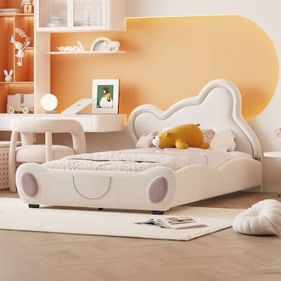 Kids Upholstered Platform Bed with Headboard Wooden Bed, Velvet