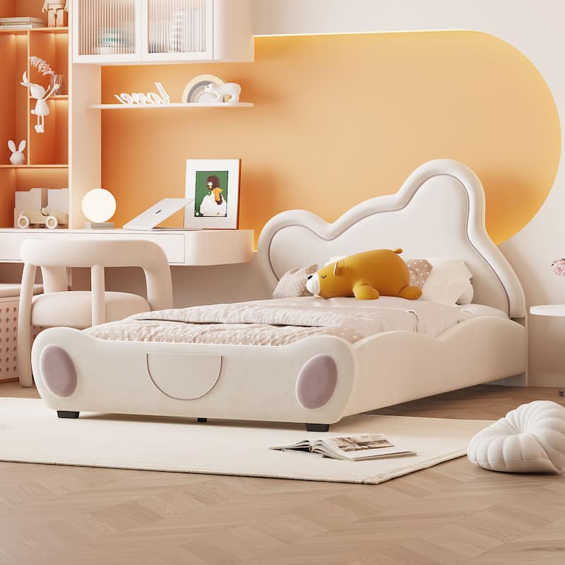 Velvet Platform Bed with Bear-Shaped Headboard,with Bed-End Storage Pocket - Beige - Twin