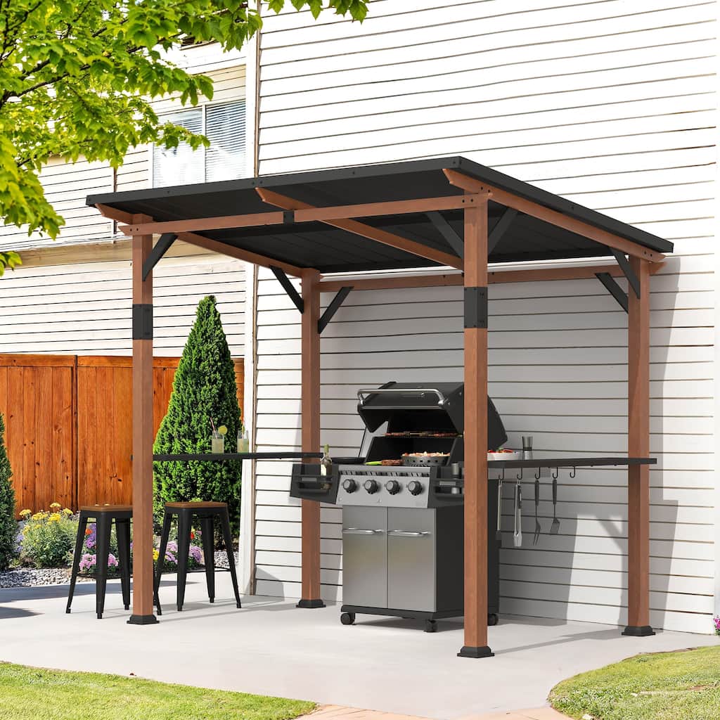 LUE BONA Clearance Patio Brown Hardtop Rectangle Gazebo Metal Roof Pergola