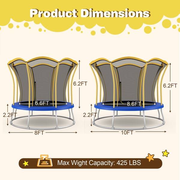 dimension image slide 2 of 3, 8 Feet Outdoor Unique Flower Shape Trampoline with Enclosure Net